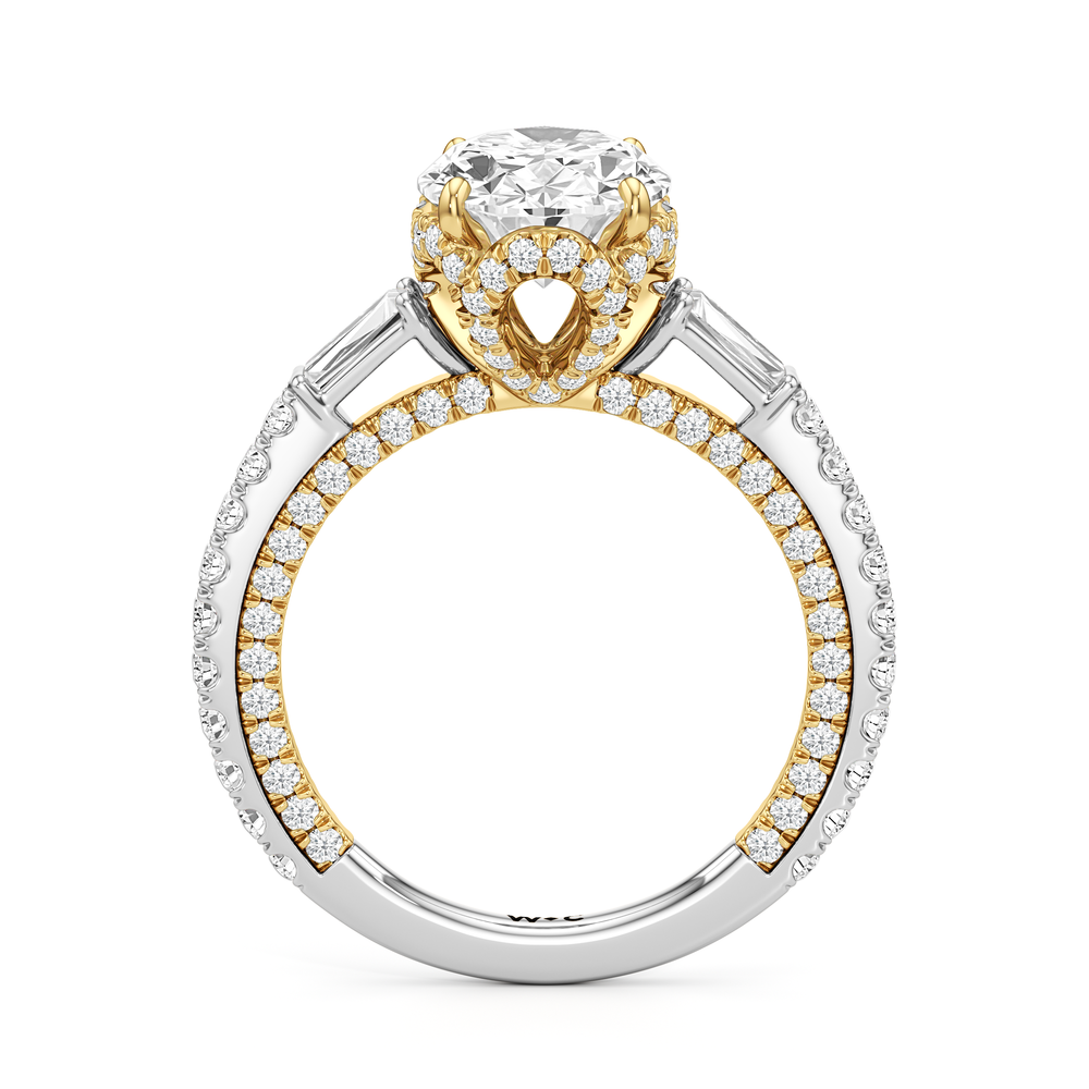 The Chrysler Baguette Three Stone Ring with Oval Cut Diamond in 14KT White & Yellow Gold view 2
