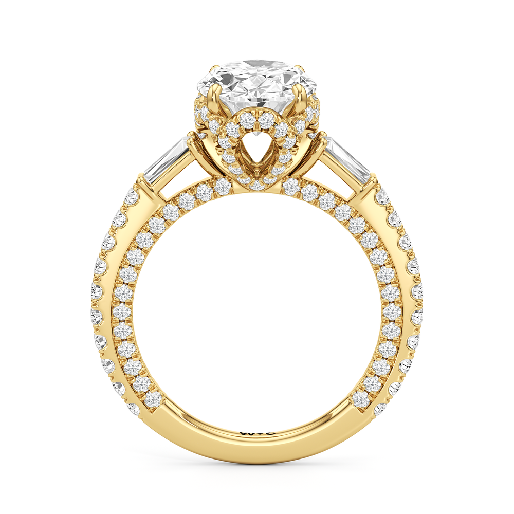 The Chrysler Baguette Three Stone Ring with Oval Cut Diamond in 14KT Yellow Gold view 2
