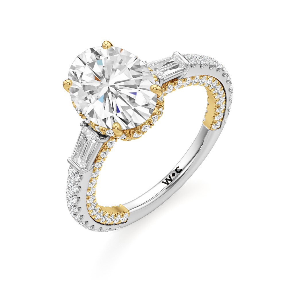 The Chrysler Baguette Three Stone Ring with Oval Cut Diamond in 14KT White & Yellow Gold view 3
