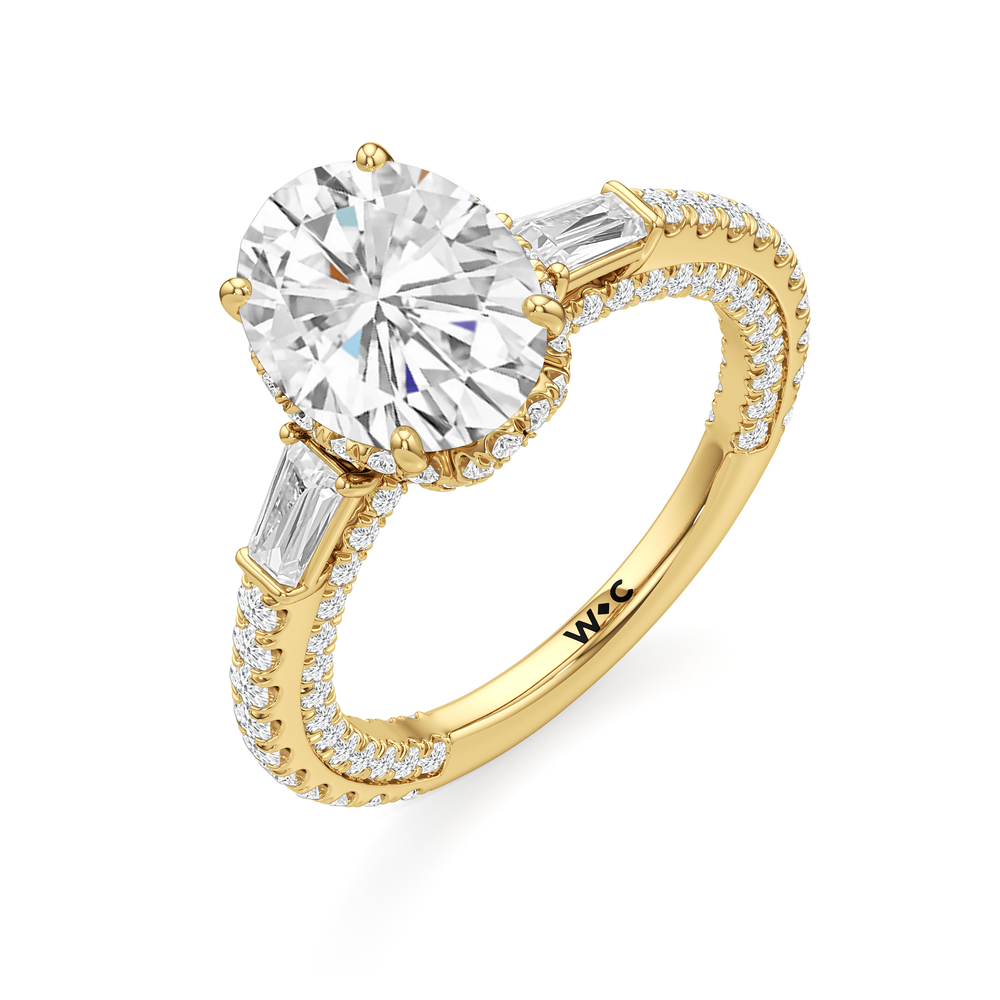 The Chrysler Baguette Three Stone Ring with Oval Cut Diamond in 14KT Yellow Gold view 3

