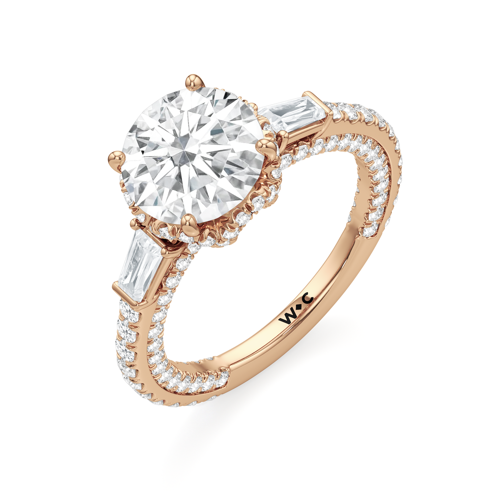 The Chrysler Baguette Three Stone Ring with Round Cut Diamond in 14KT Rose Gold view 3
