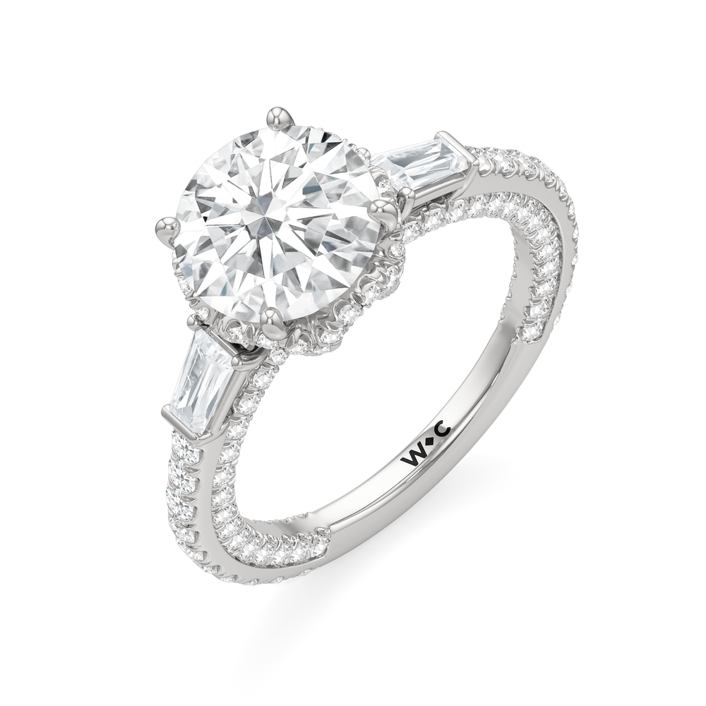 The Chrysler Baguette Three Stone Ring with Round Cut Diamond in 14KT Platinum view 3
