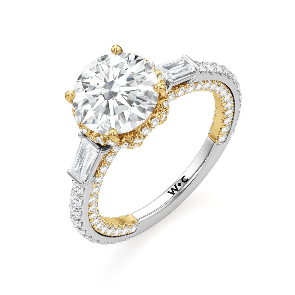 The Chrysler Baguette Three Stone Ring with Round Cut Diamond in 14KT White & Yellow Gold view 3
