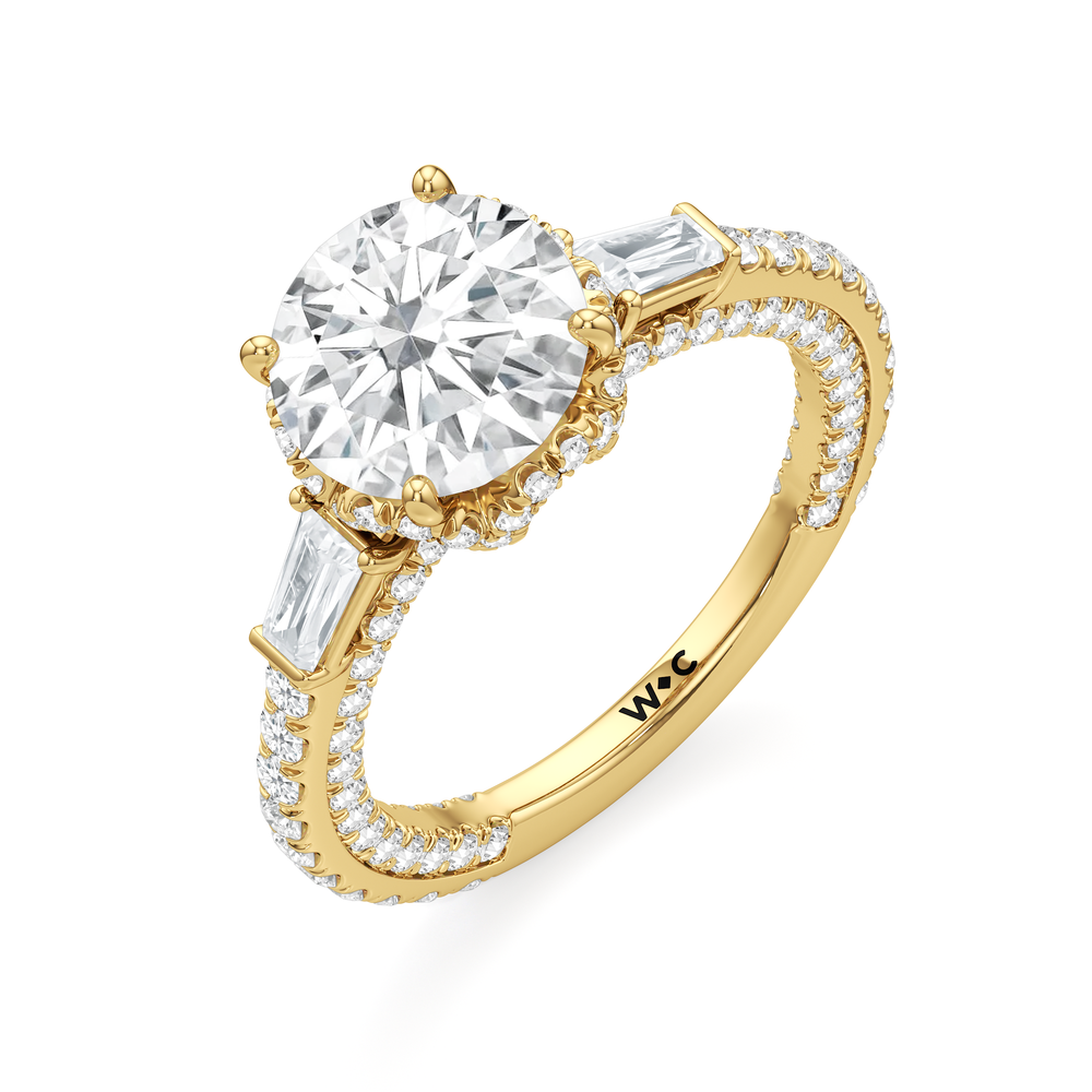 The Chrysler Baguette Three Stone Ring with Round Cut Diamond in 14KT Yellow Gold view 3
