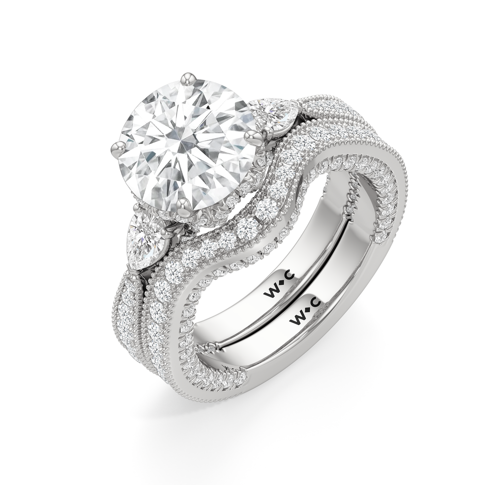 The Chrysler Pear Three Stone Diamond Wedding Band with Platinum Cut Diamond in 14KT Platinum view 5
