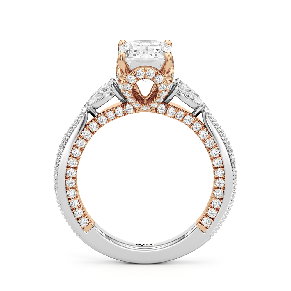 The Chrysler Pear Three Stone Ring with Emerald Cut Diamond in 14KT White & Rose Gold view 2
