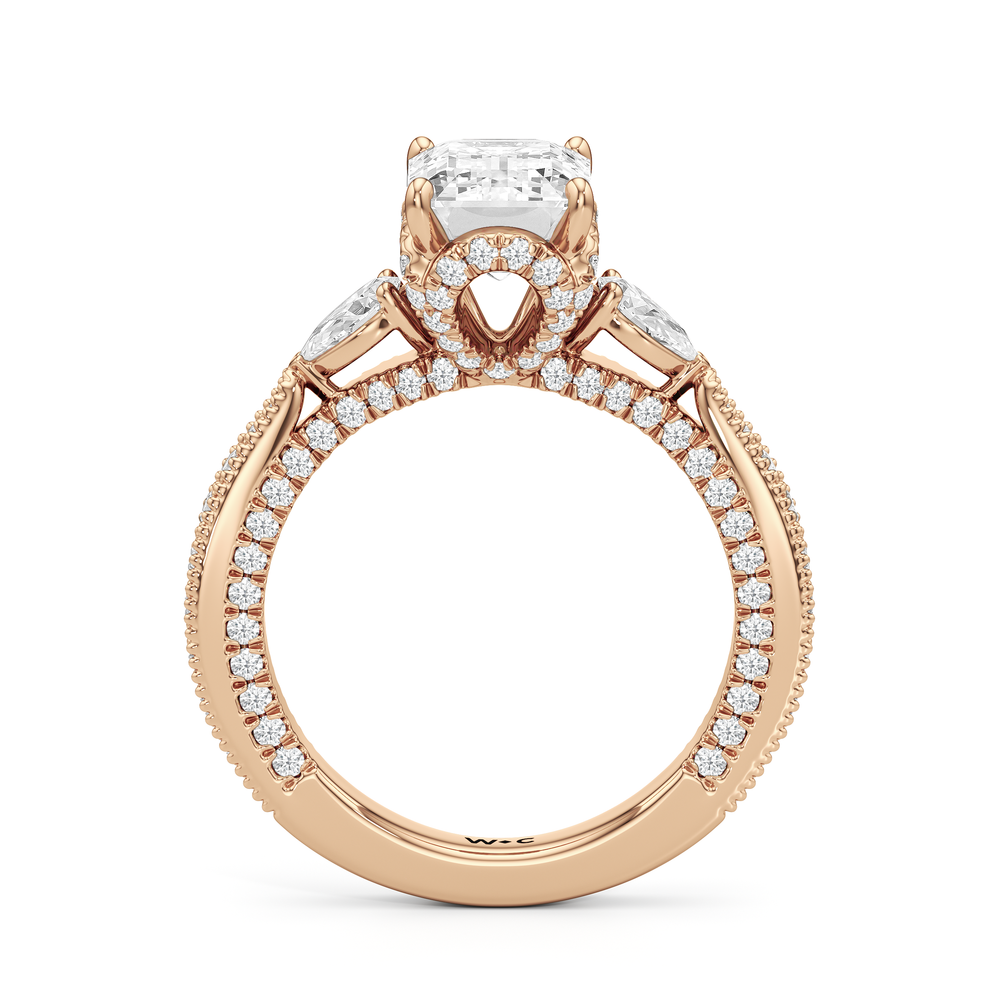 The Chrysler Pear Three Stone Ring with Emerald Cut Diamond in 14KT Rose Gold view 2
