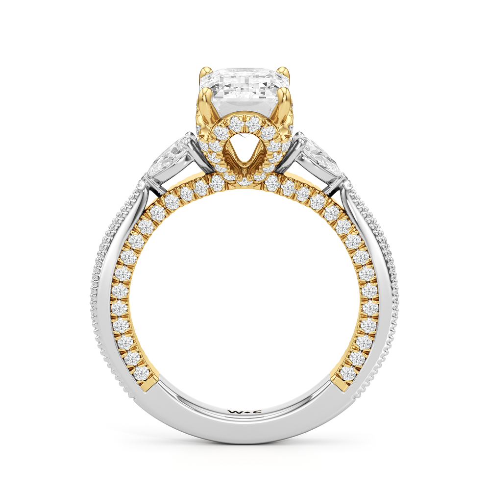 The Chrysler Pear Three Stone Ring with Emerald Cut Diamond in 14KT White & Yellow Gold view 2
