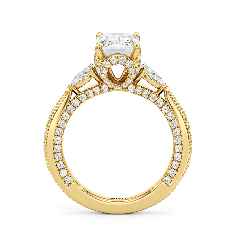 The Chrysler Pear Three Stone Ring with Emerald Cut Diamond in 14KT Yellow Gold view 2
