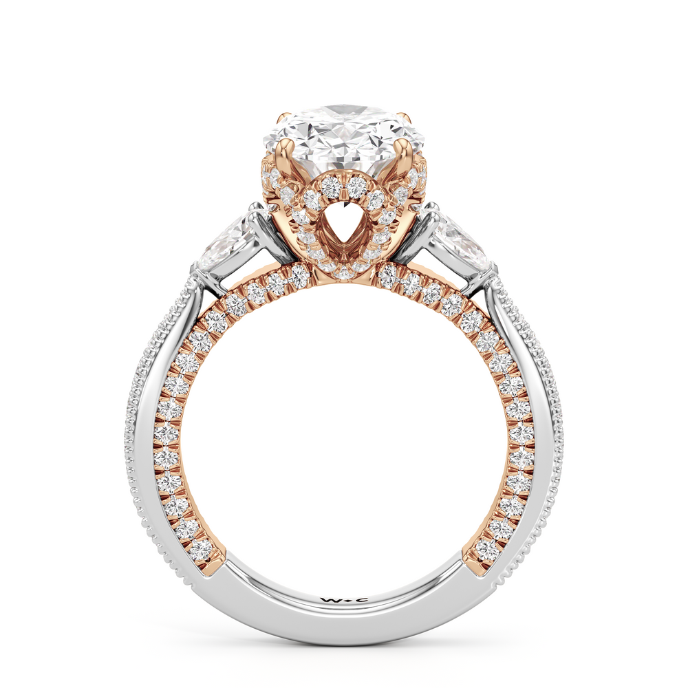 The Chrysler Pear Three Stone Ring with Oval Cut Diamond in 14KT White & Rose Gold view 2
