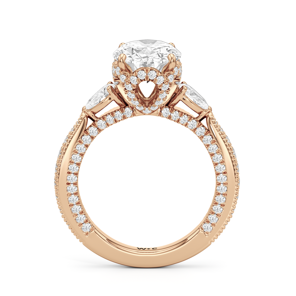 The Chrysler Pear Three Stone Ring with Oval Cut Diamond in 14KT Rose Gold view 5
