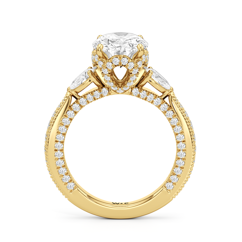 The Chrysler Pear Three Stone Ring with Oval Cut Diamond in 14KT Yellow Gold view 2
