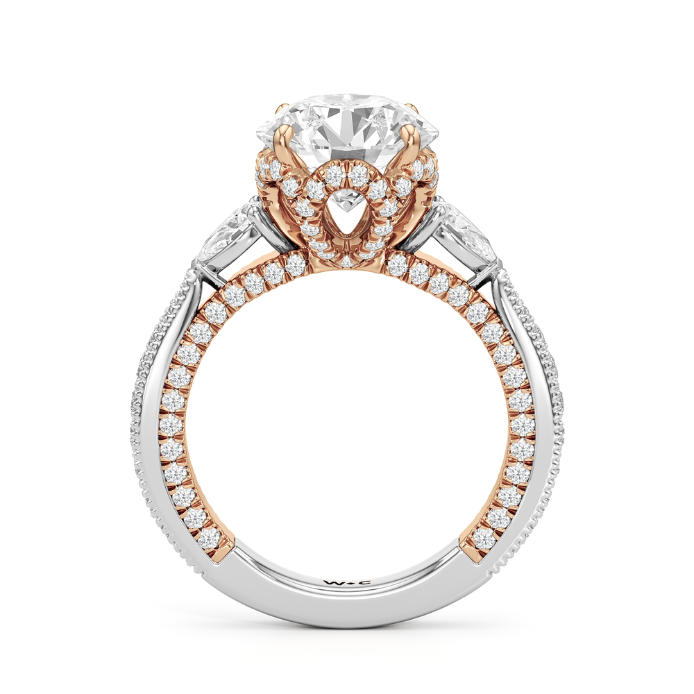 The Chrysler Pear Three Stone Ring with Round Cut Diamond in 14KT White & Rose Gold view 2
