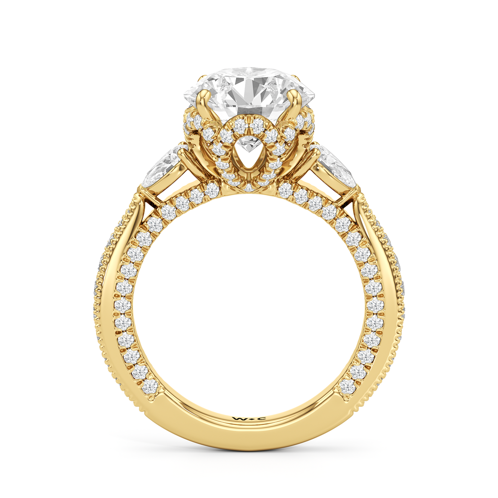 The Chrysler Pear Three Stone Ring with Round Cut Diamond in 14KT Yellow Gold view 3
