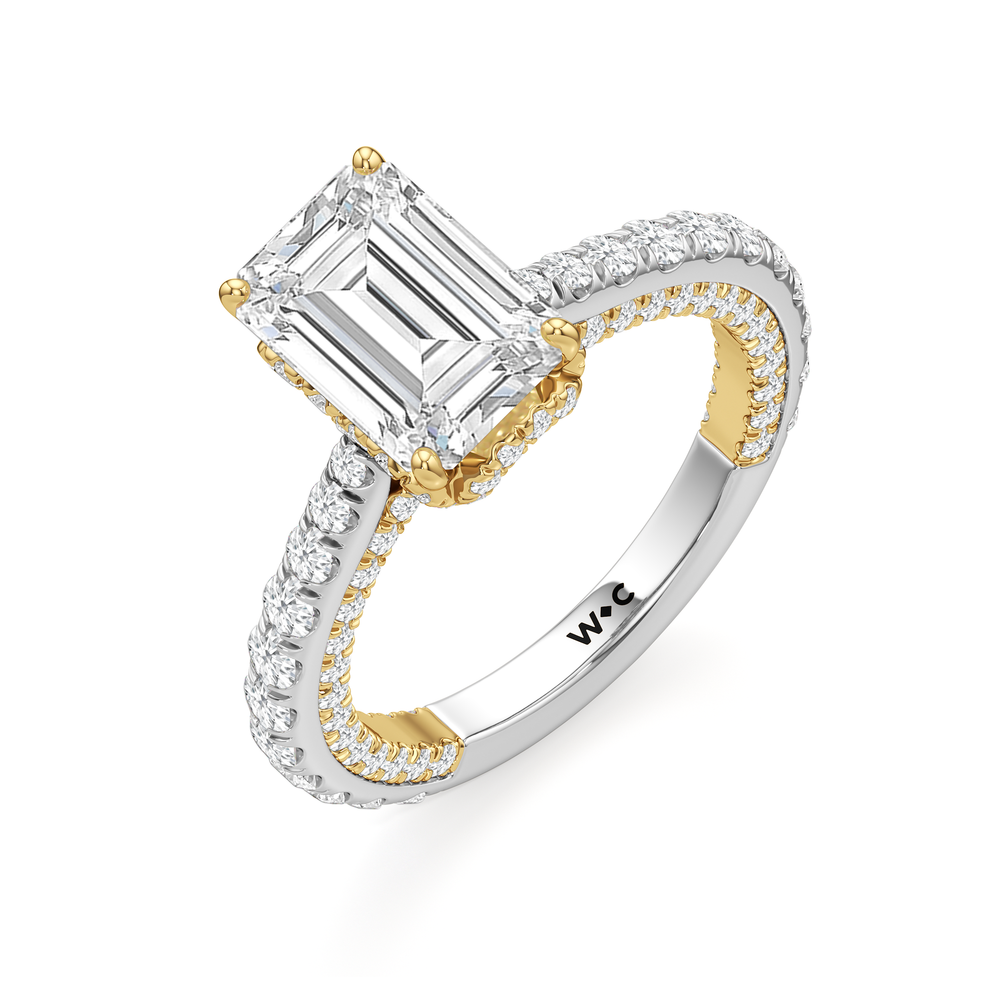 The Chrysler Pavé Ring with Emerald Cut Diamond in 14KT White & Yellow Gold view 3
