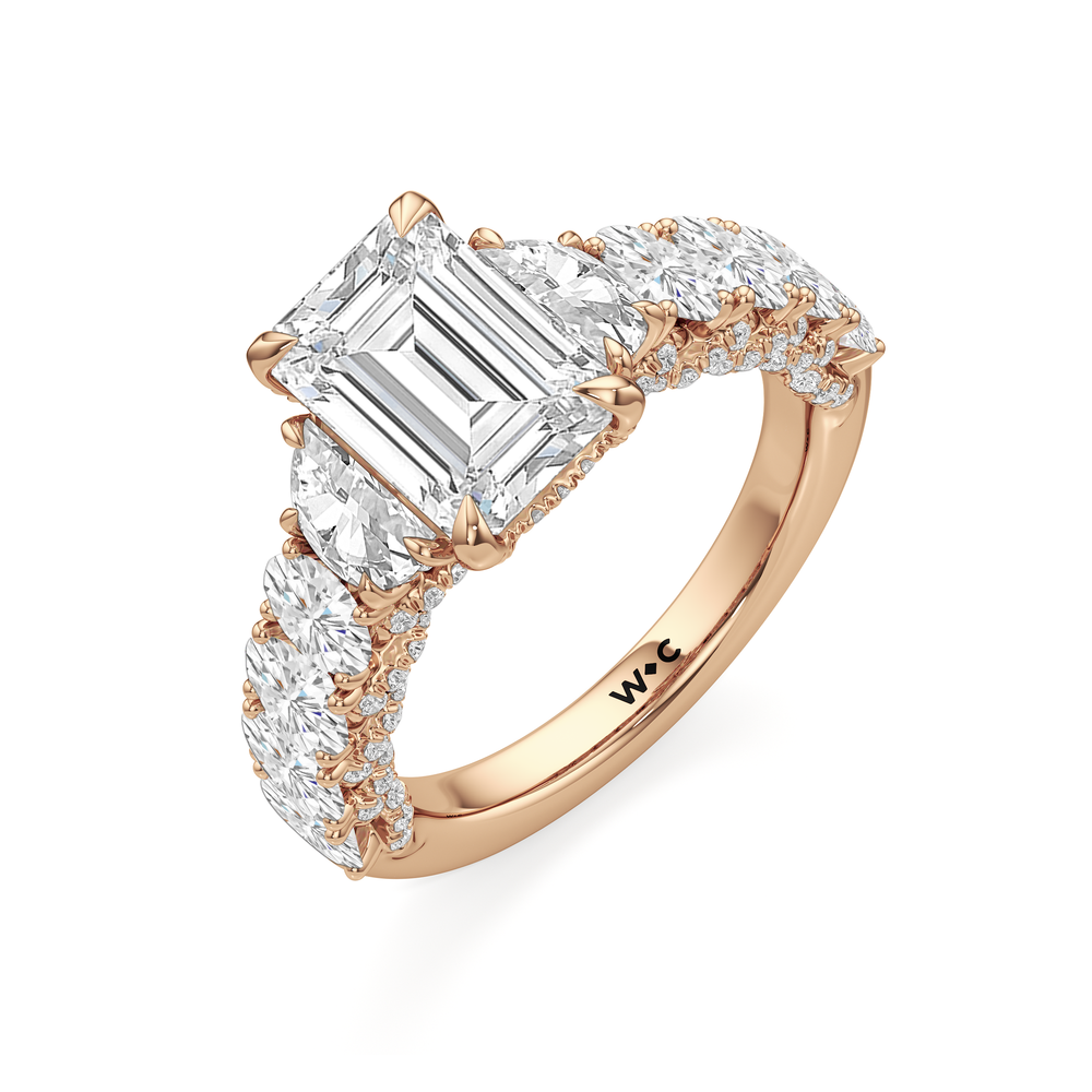 The Roosevelt Three Stone Ring with Emerald Cut Diamond in 14KT Rose Gold view 4
