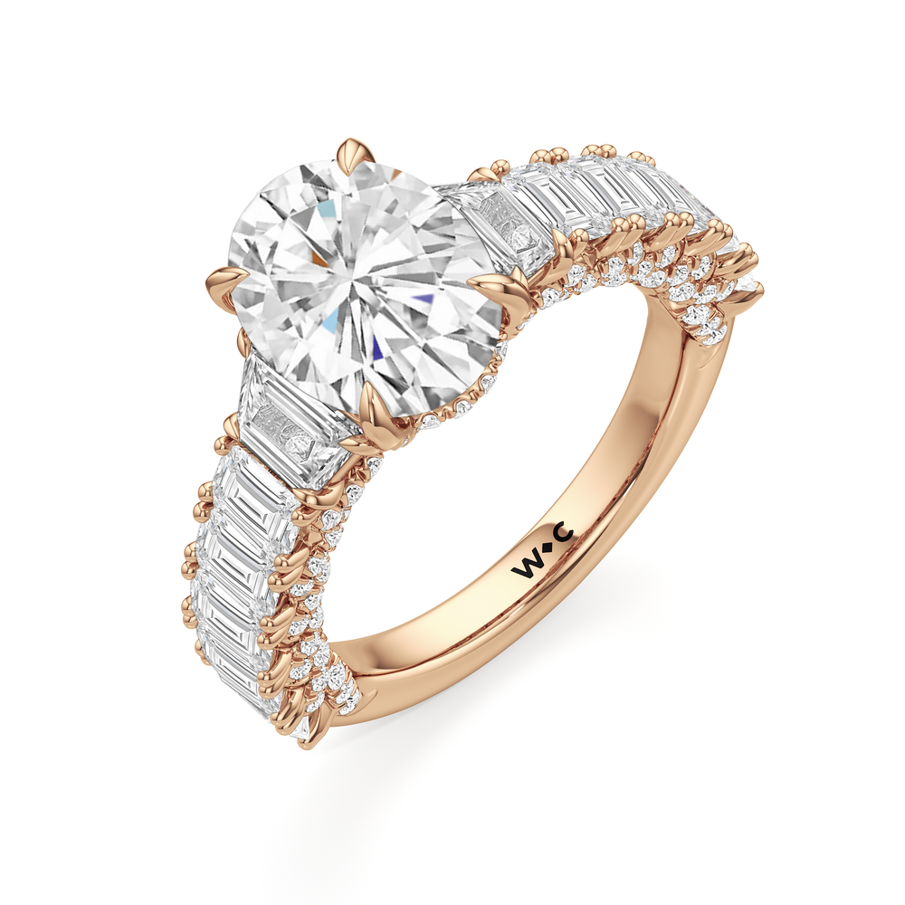 The Roosevelt Three Stone Trapezoid Ring with Oval Cut Diamond in 14KT Rose Gold view 4
