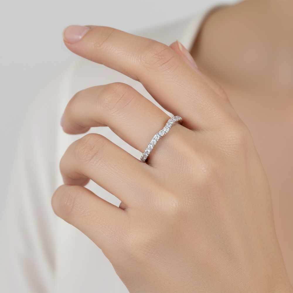 Model Wearing The Tulip Whisper Diamond Wedding Band view