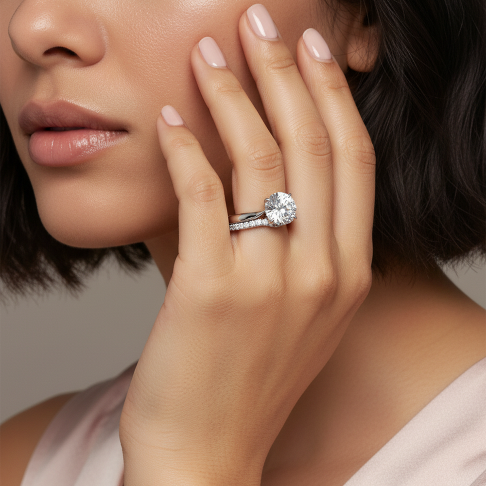 Model Wearing The Tulip Whisper Diamond Wedding Band view