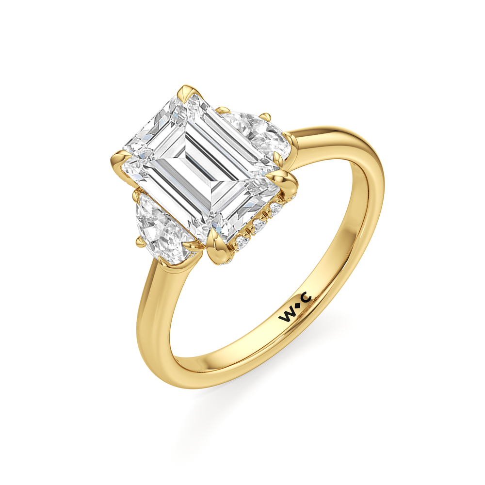 The Windsor Half Moon Side Stone Engagement Ring with Emerald Cut Diamond in 14KT Yellow Gold view 3
