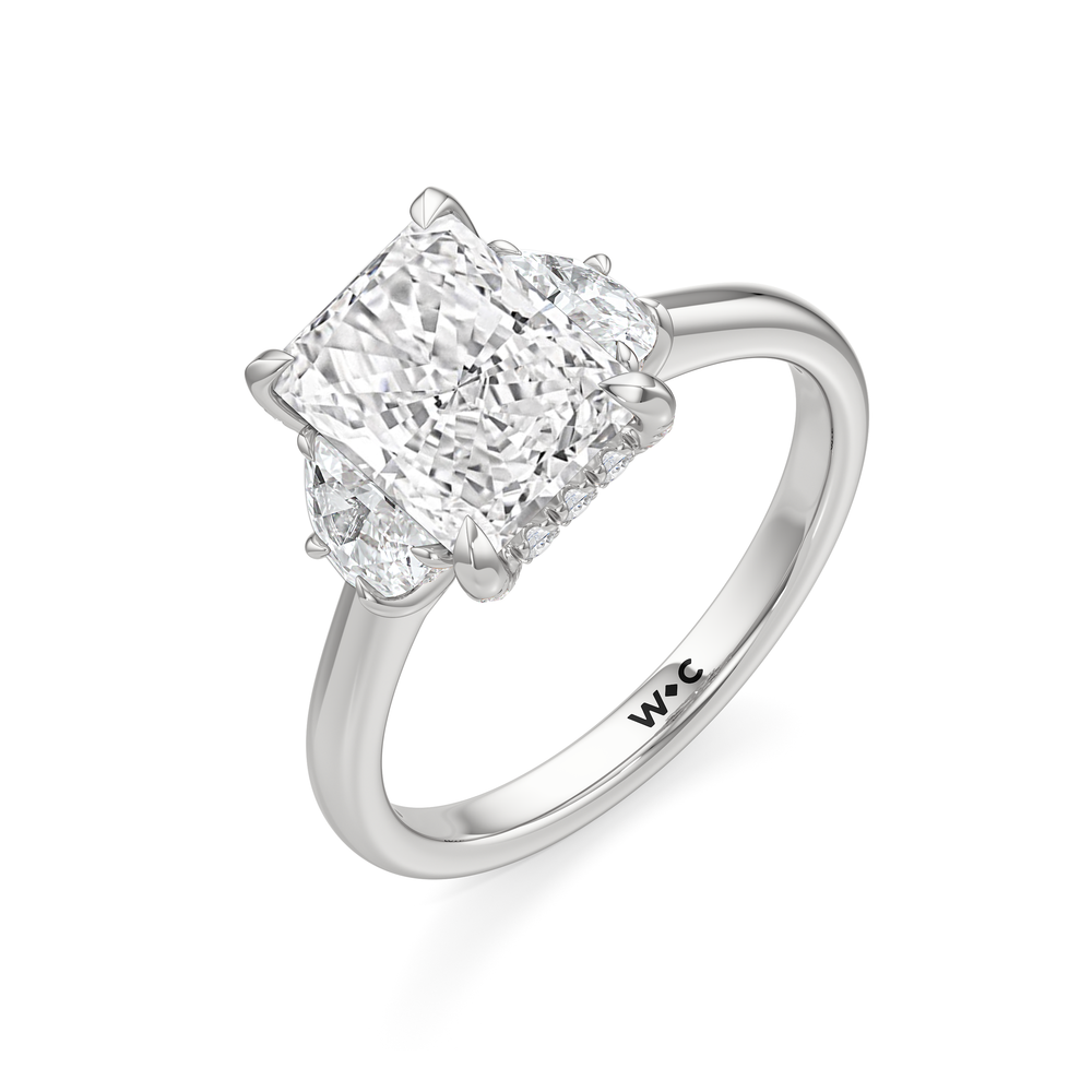 The Windsor Half Moon Side Stone Engagement Ring with Radiant Cut Diamond in 14KT Platinum view 3

