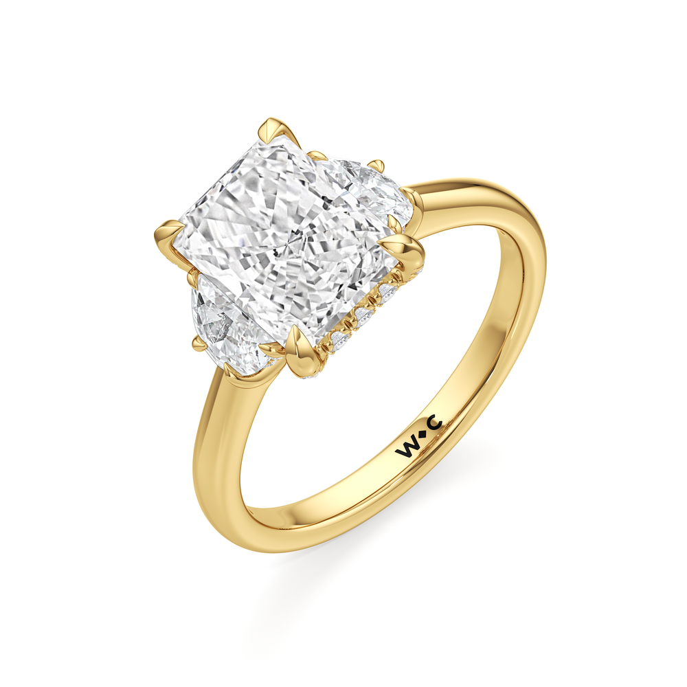 The Windsor Half Moon Side Stone Engagement Ring with Radiant Cut Diamond in 14KT Yellow Gold view 3
