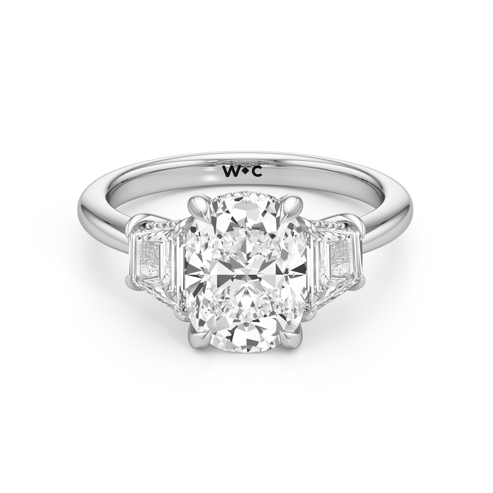 Antique Cushion Cut Elegance Trapezoid Side Stone Engagement Ring with Lab Grown Diamond in 14KT Platinum view 1
