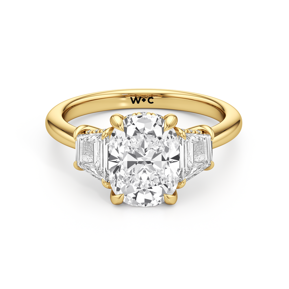 Antique Cushion Cut Elegance Trapezoid Side Stone Engagement Ring with Lab Grown Diamond in 14KT Yellow Gold view 1
