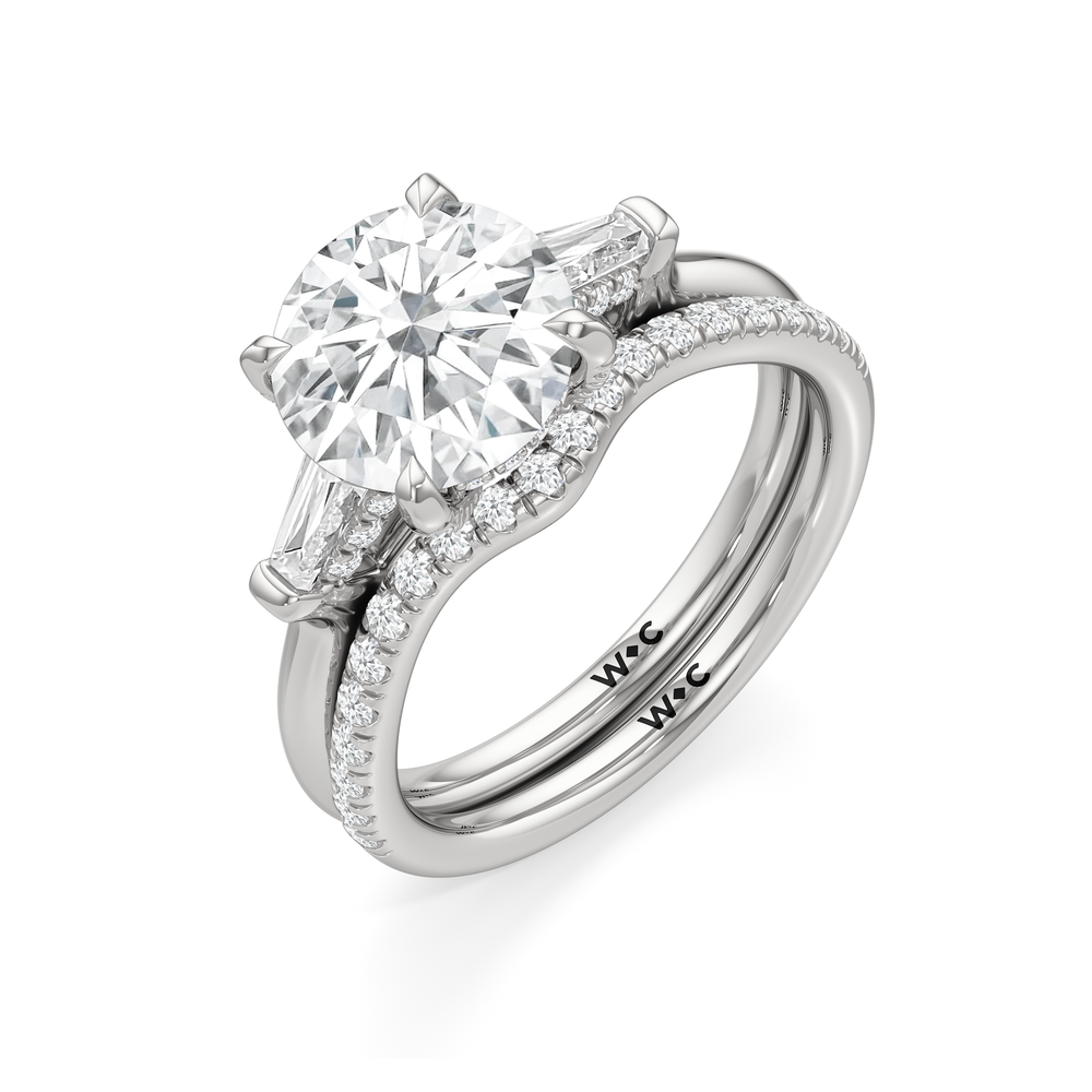 Elegance Baguette Three Stone Engagement Ring with Emerald Cut Diamond in 14KT Platinum view 7
