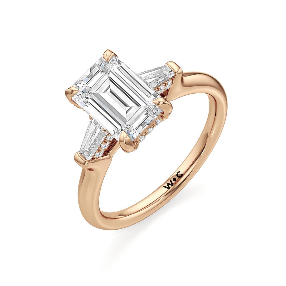 Elegance Baguette Three Stone Engagement Ring with Emerald Cut Diamond in 14KT Rose Gold view 6
