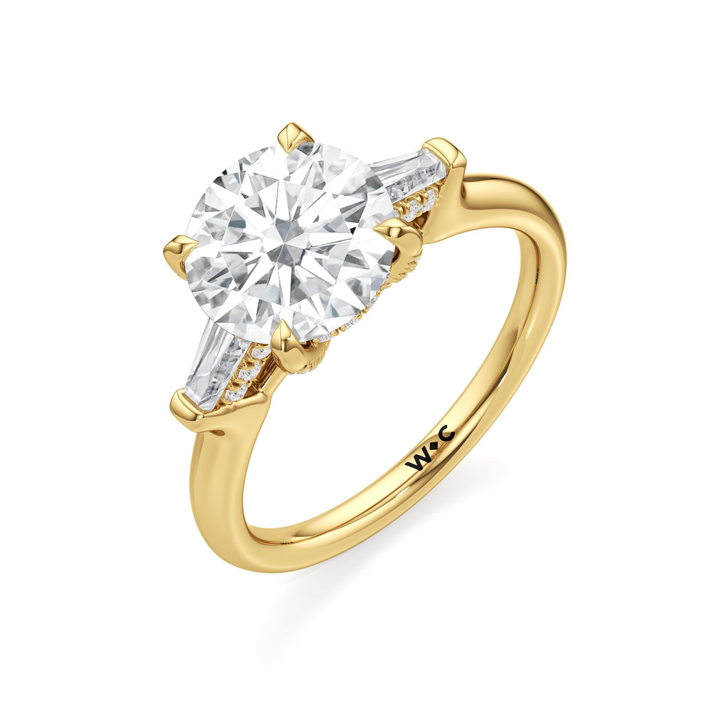 Elegance Baguette Three Stone Engagement Ring with Round Cut Diamond in 14KT Yellow Gold view 6
