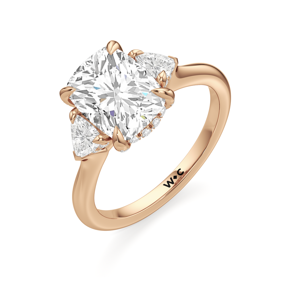 Elegance Trillion Side Stone Engagement Ring with Elongated Cushion Cut Diamond in 14KT Rose Gold view 6
