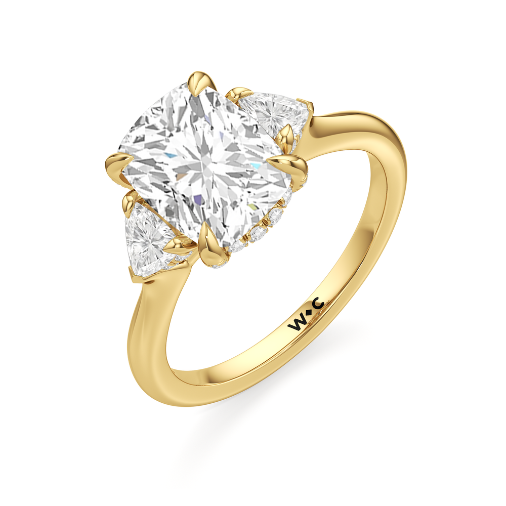 The Windsor Three Stone Trillion Engagement Ring with Elongated Cushion Cut Diamond in 14KT Yellow Gold view 3
