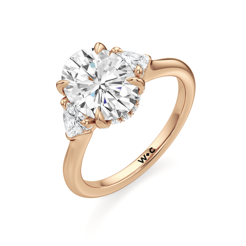The Windsor Three Stone Trillion Engagement Ring with Oval Cut Diamond in 14KT Rose Gold view 2

