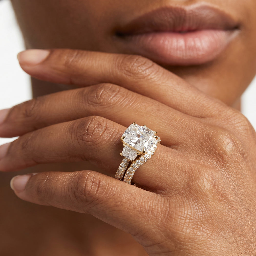 The Windsor Trapezoid Three Stone Diamond Wedding Band with 18KT Rose Gold Cut Diamond in 14KT Rose Gold view 4
