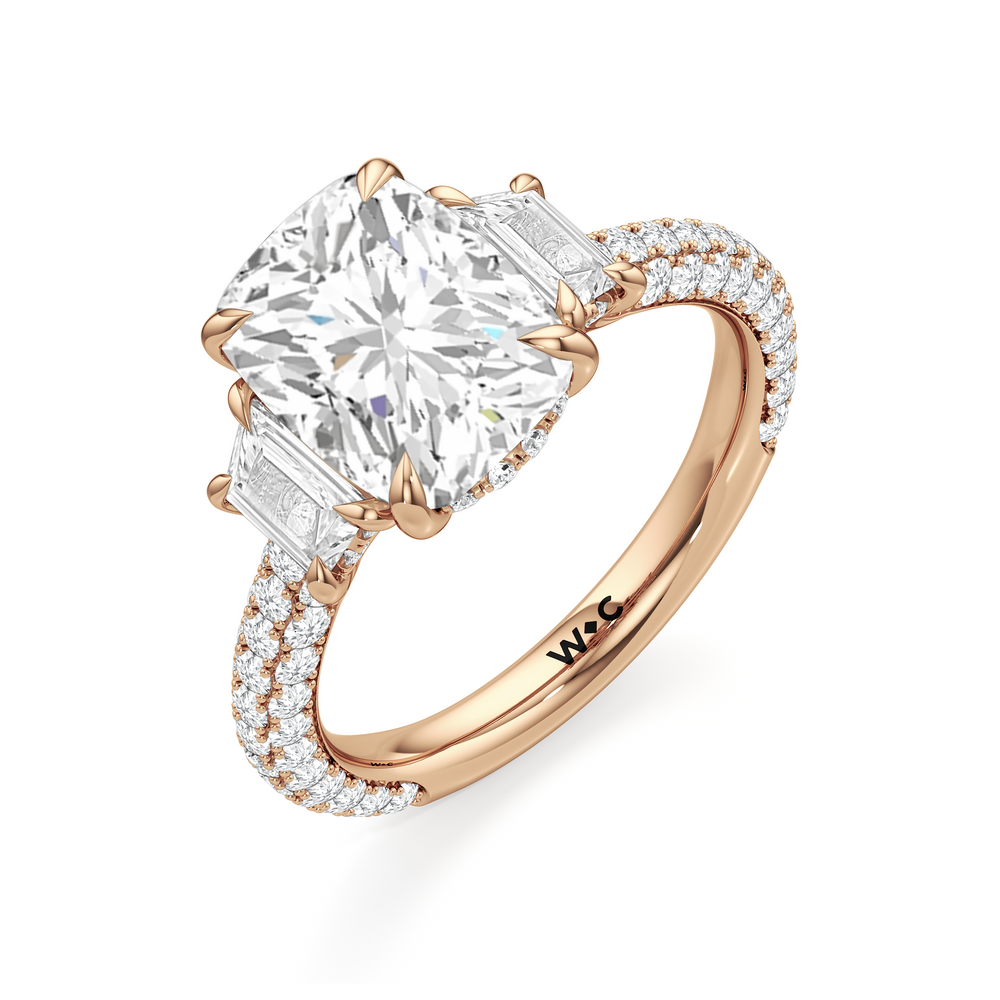 The Windsor Trapezoid Three Stone Ring with Elongated Cushion Cut Diamond in 14KT Rose Gold view 7
