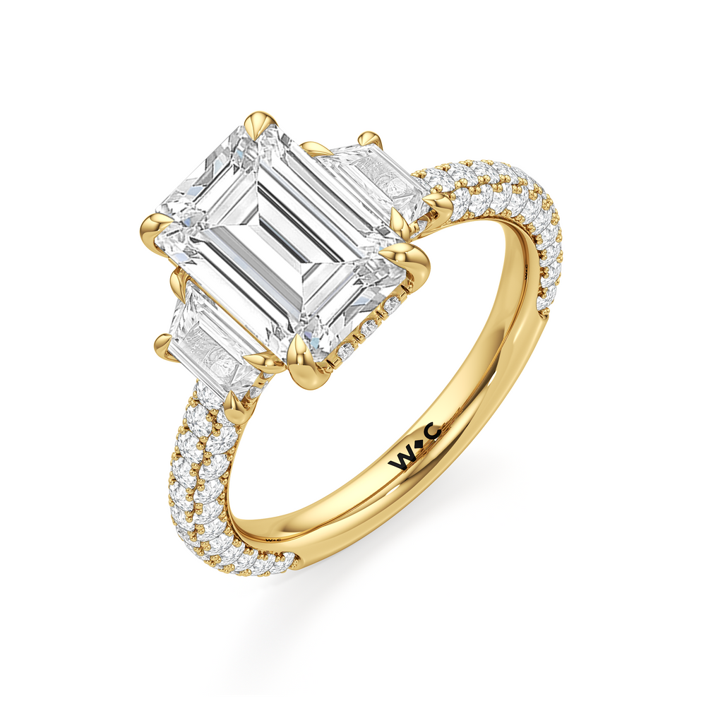 The Windsor Trapezoid Three Stone Ring with Emerald Cut Diamond in 14KT Yellow Gold view 7
