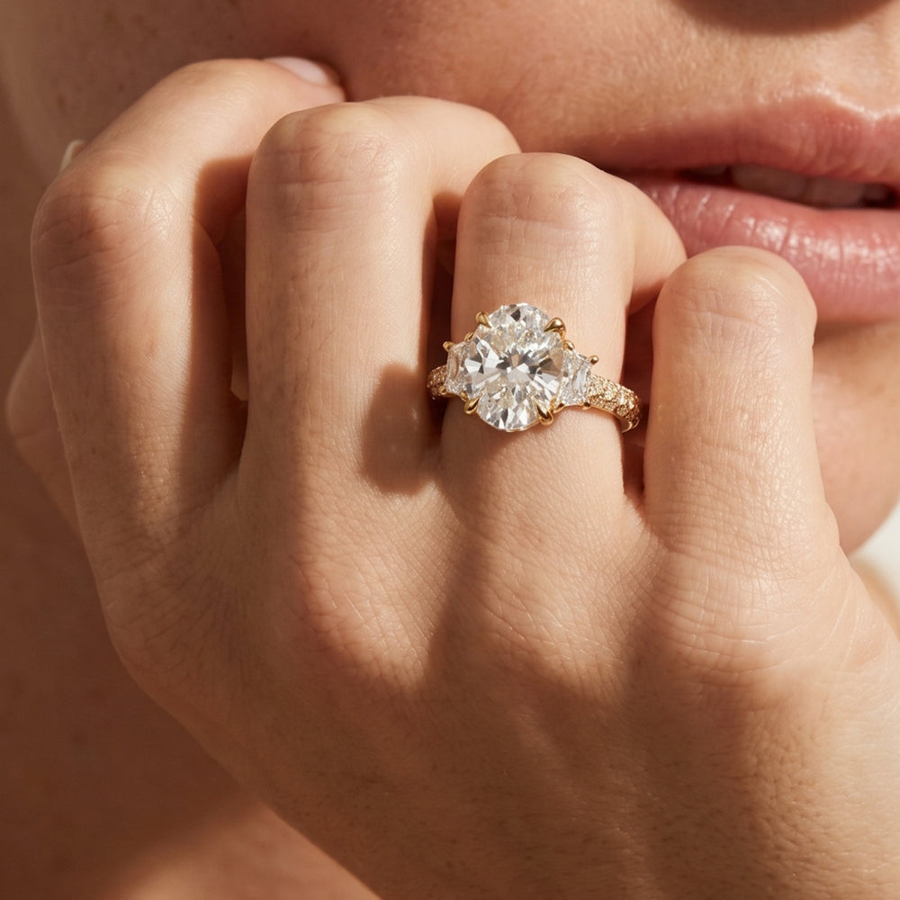 The Windsor Trapezoid Three Stone Ring with Oval Cut Diamond in 14KT Rose Gold view 3
