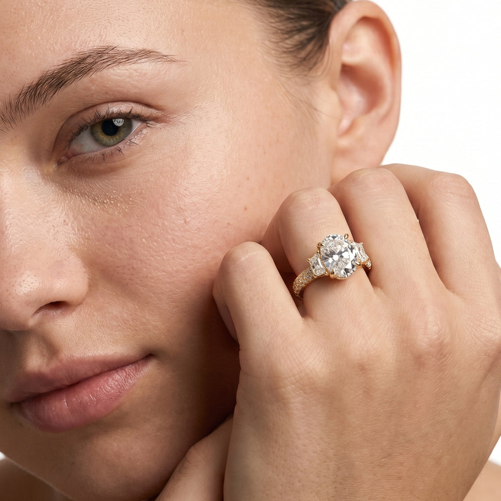 The Windsor Trapezoid Three Stone Ring with Emerald Cut Diamond in 14KT Yellow Gold view 4
