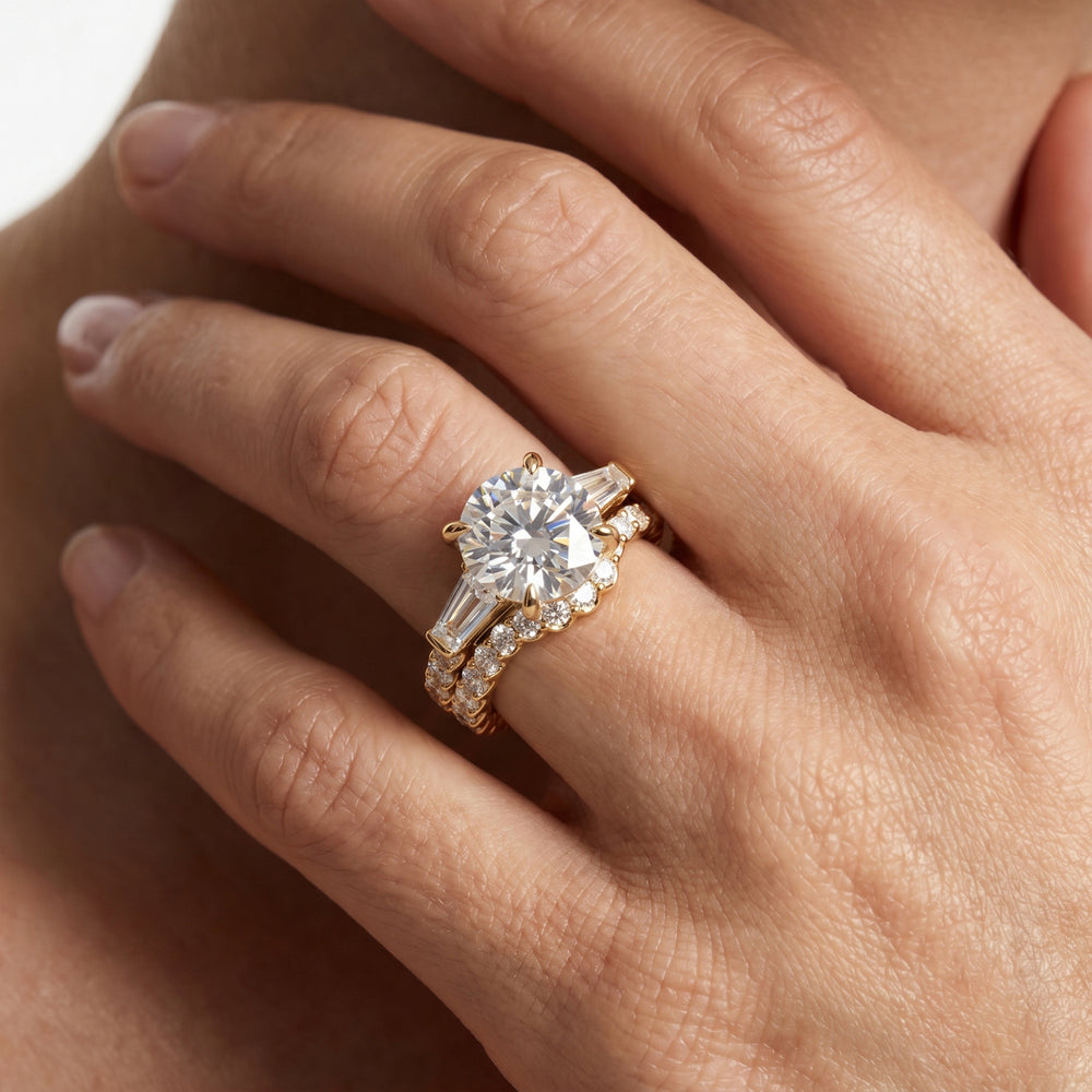 Arc Baguette Diamond Wedding Band with 18KT Yellow Gold Cut Diamond in 14KT Yellow Gold view 3
