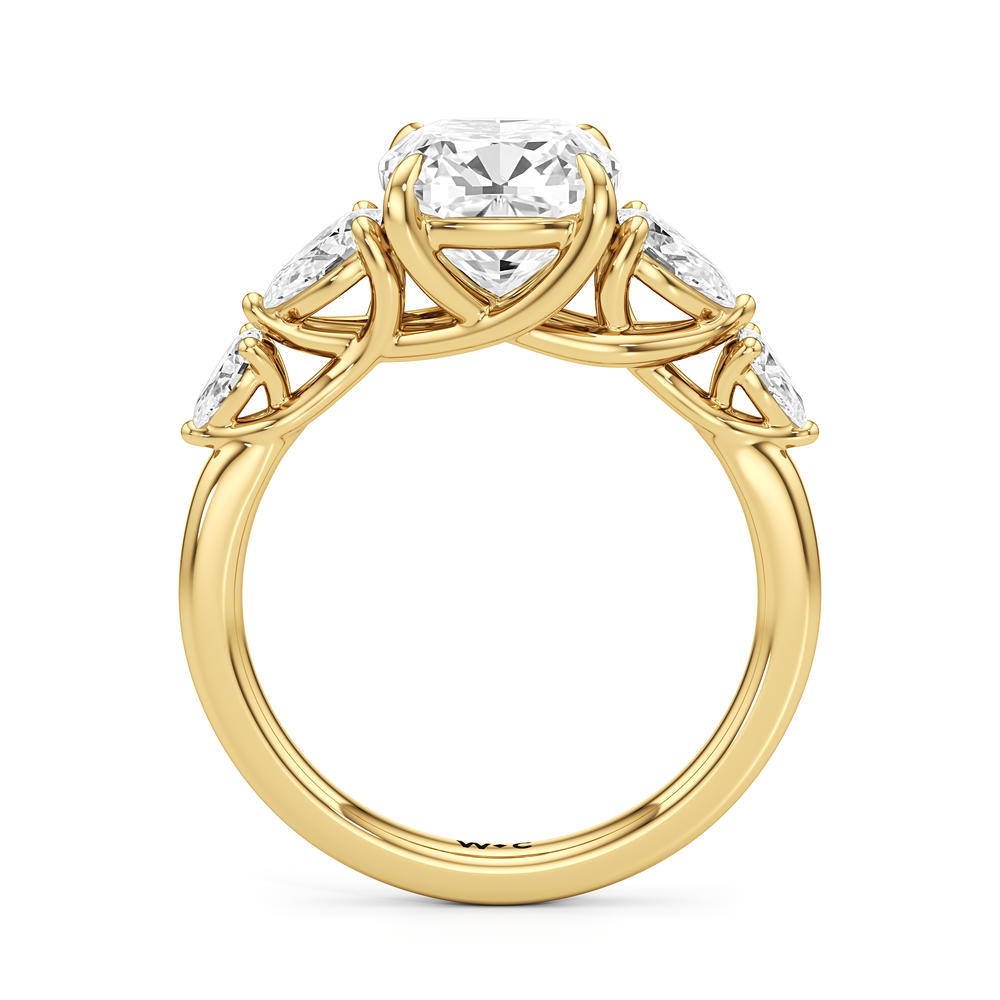 Trellis Pear Side Stone Engagement Ring with Cushion Cut Diamond in 14KT Yellow Gold view 4
