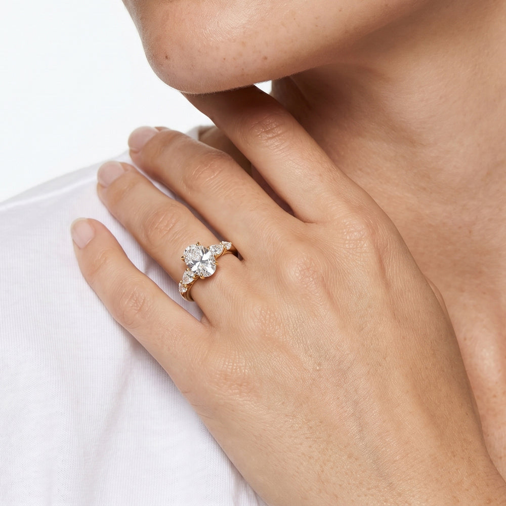 Trellis Pear Side Stone Engagement Ring with Oval Cut Diamond in 14KT White Gold view 3
