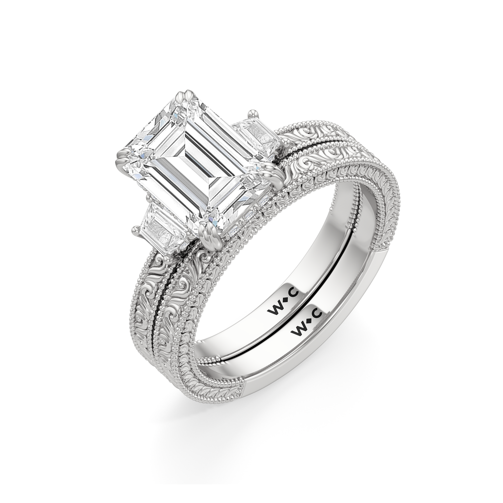 The Seraphine Trapezoid Three Stone Wedding Band with Platinum Cut Diamond in 14KT Platinum view 6
