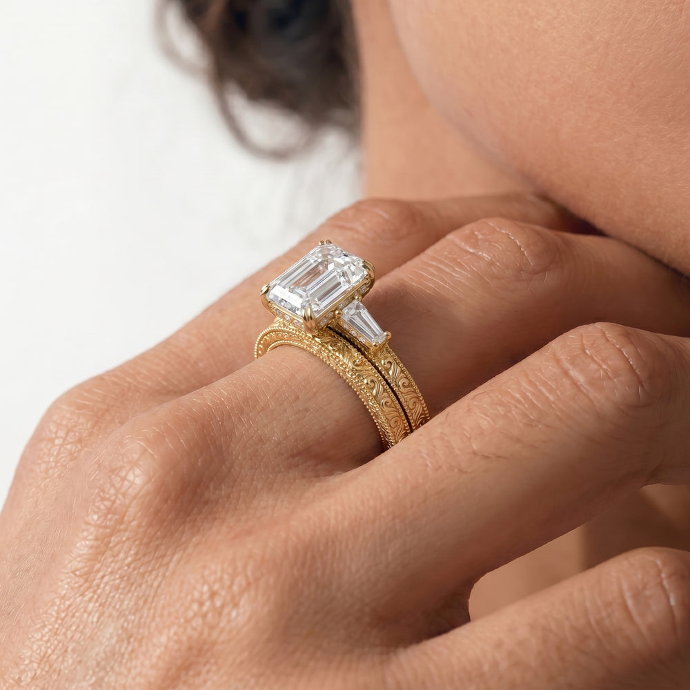 The Seraphine Baguette Three Stone Wedding Band with Platinum Cut Diamond in 14KT Platinum view 4
