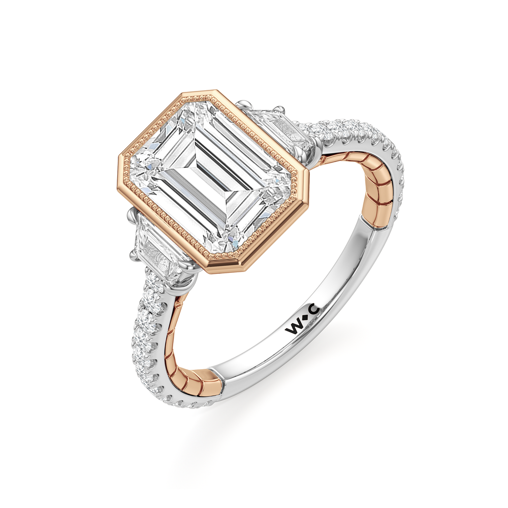 The Rosette Ring with Emerald Cut Diamond in 14KT White & Rose Gold view 4
