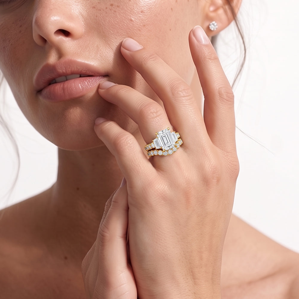 The Arc Three Stone Trapezoid Diamond Wedding Band with Platinum Cut Diamond in 14KT Platinum view 3
