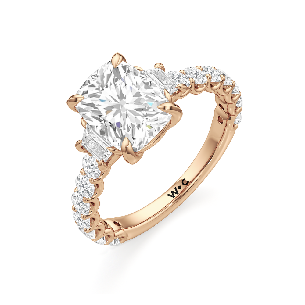 The Arc Three Stone Trapezoid Ring with Elongated Cushion Cut Diamond in 14KT Rose Gold view 5
