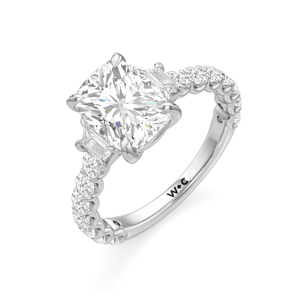 The Arc Three Stone Trapezoid Ring with Elongated Cushion Cut Diamond in 14KT Platinum view 5

