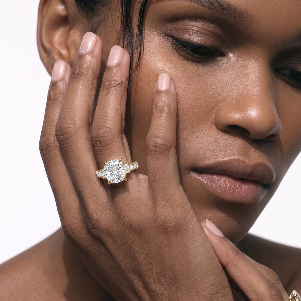 The Arc Three Stone Trapezoid Ring with Emerald Cut Diamond in 14KT Platinum view 3
