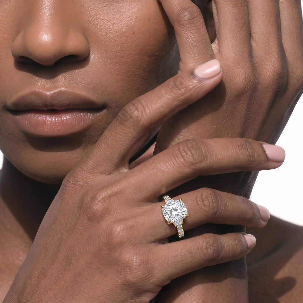The Arc Three Stone Trapezoid Ring with Emerald Cut Diamond in 14KT Yellow Gold view 2
